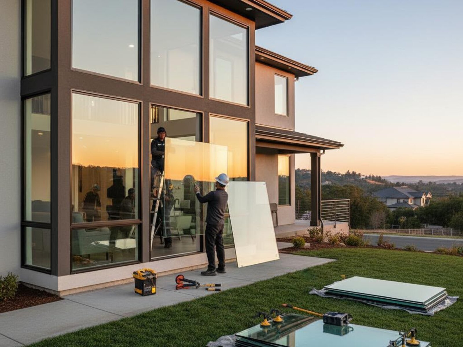 Professional installers fitting large new replacement windows on an American home